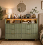 Modern Curved Fluted Wood Dresser With 6 Drawers LED Lights And Charging Station Gold Handles Chest Of Drawers For Bedroom And Living Room