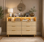Modern Curved Fluted Wood Dresser With 6 Drawers LED Lights And Charging Station Gold Handles Chest Of Drawers For Bedroom And Living Room