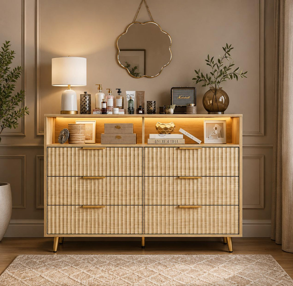Modern Curved Fluted Wood Dresser With 6 Drawers LED Lights And Charging Station Gold Handles Chest Of Drawers For Bedroom And Living Room