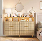 Modern Curved Fluted Wood Dresser With 6 Drawers LED Lights And Charging Station Gold Handles Chest Of Drawers For Bedroom And Living Room