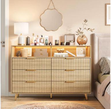 Modern Curved Fluted Wood Dresser With 6 Drawers LED Lights And Charging Station Gold Handles Chest Of Drawers For Bedroom And Living Room