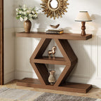 Geometric Console Table, Rustic Entryway Sofa Table, 3-Tier Shelves, Wood Finish