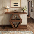 Geometric Console Table, Rustic Entryway Sofa Table, 3-Tier Shelves, Wood Finish