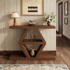 Geometric Console Table, Rustic Entryway Sofa Table, 3-Tier Shelves, Wood Finish