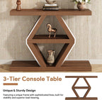 Geometric Console Table, Rustic Entryway Sofa Table, 3-Tier Shelves, Wood Finish