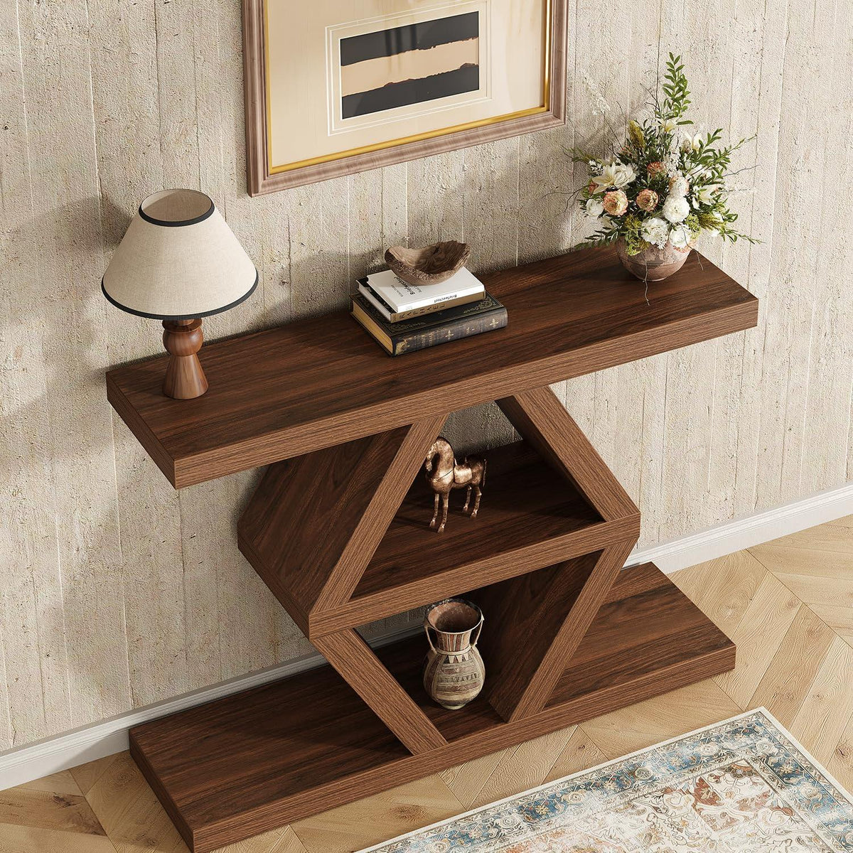 Geometric Console Table, Rustic Entryway Sofa Table, 3-Tier Shelves, Wood Finish
