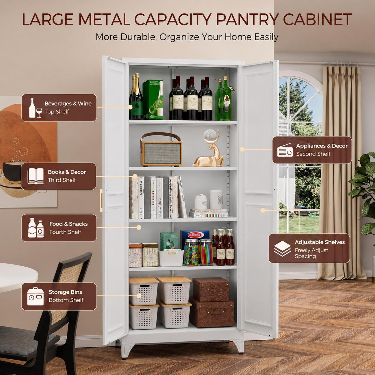 75" Tall Black Metal Pantry Cabinet with Adjustable Shelves, Heavy-Duty Storage Cabinet with Doors, Kitchen Pantry Organizer for Garage,