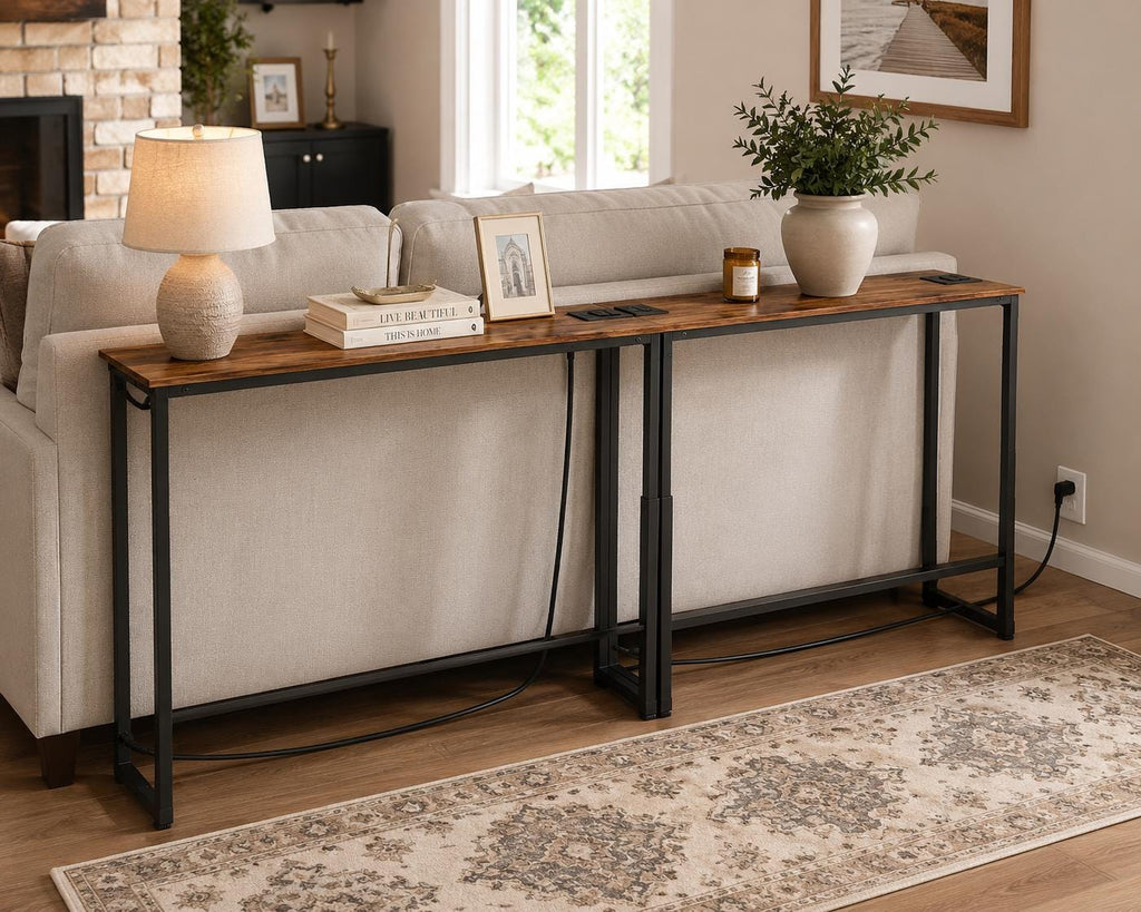 Adjustable Height Sofa Table with 2 Outlets, 78.8" Long Slim Console Table
