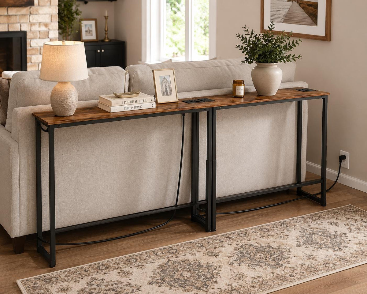 Adjustable Height Sofa Table with 2 Outlets, 78.8" Long Slim Console Table