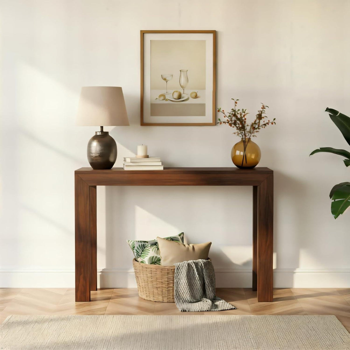 Solid Wood Console Table, Modern Walnut Entryway Sofa Table