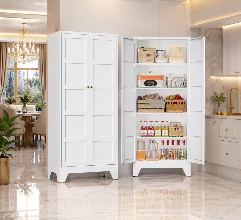 71" Tall White Metal Storage Cabinet, Adjustable Shelves, Doors, Heavy-Duty Steel
