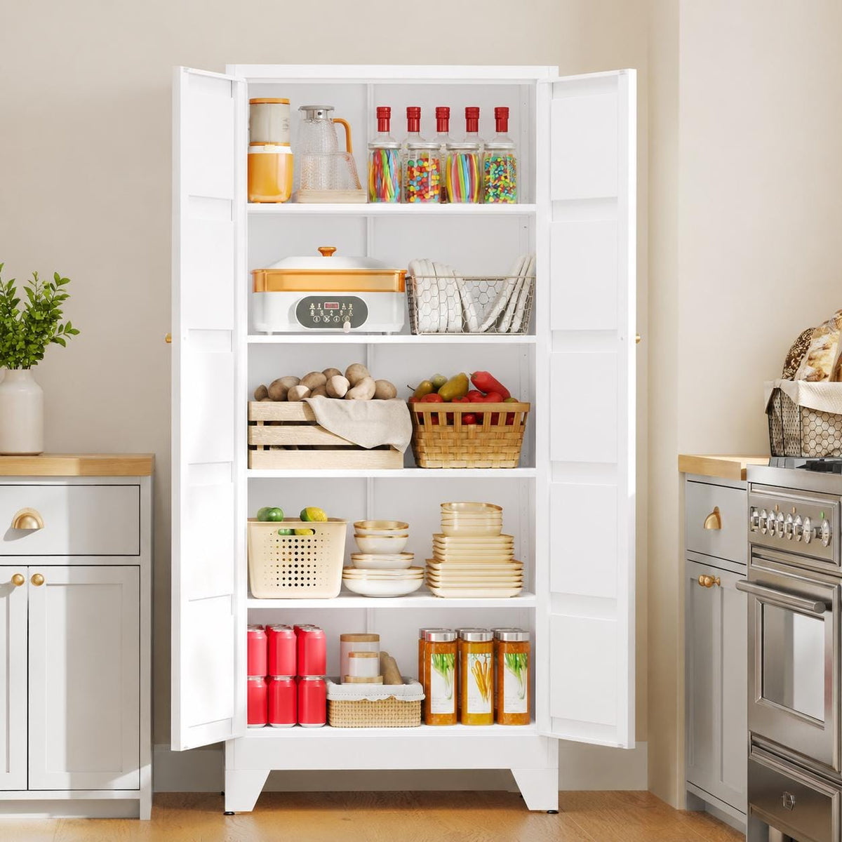 71" Tall White Metal Storage Cabinet, Adjustable Shelves, Doors, Heavy-Duty Steel