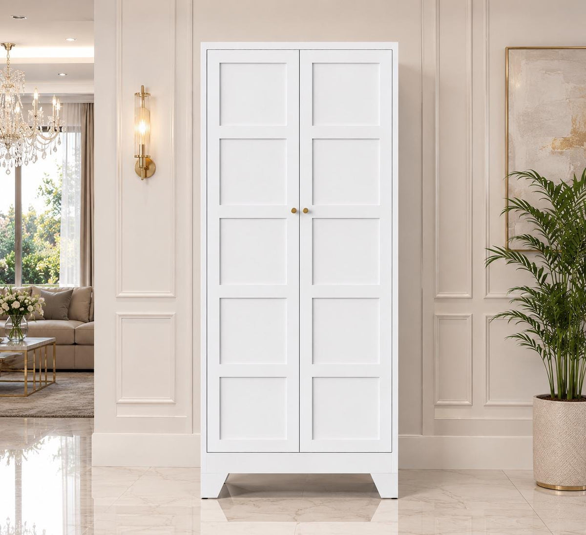71" Tall White Metal Storage Cabinet, Adjustable Shelves, Doors, Heavy-Duty Steel