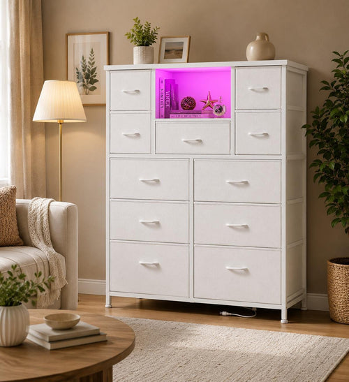 13-Drawer Fabric Dresser with LED Lights and Charging Ports, Open Storage Shelves
