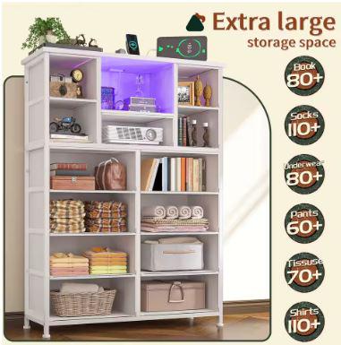 13-Drawer Fabric Dresser with LED Lights and Charging Ports, Open Storage Shelves