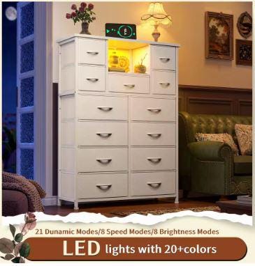 13-Drawer Fabric Dresser with LED Lights and Charging Ports, Open Storage Shelves