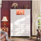 13-Drawer Fabric Dresser with LED Lights and Charging Ports, Open Storage Shelves