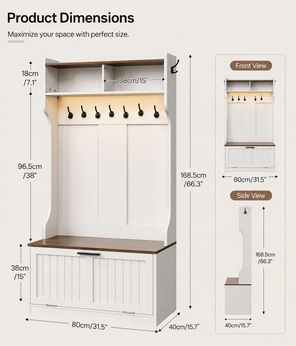 Hall Tree with Bench, Coat Rack, Shoe Cabinet, LED Light, Organizer