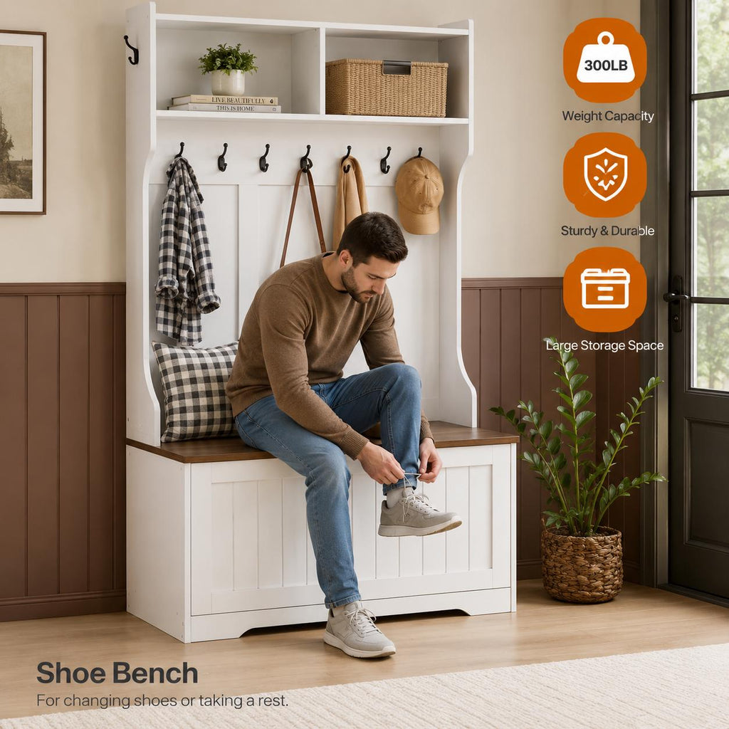 Hall Tree with Bench, Coat Rack, Shoe Cabinet, LED Light, Organizer