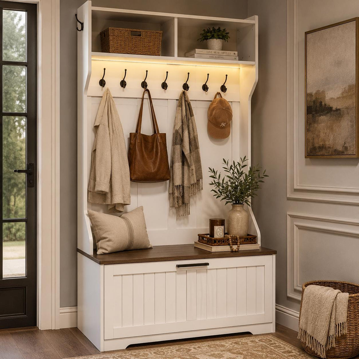 Hall Tree with Bench, Coat Rack, Shoe Cabinet, LED Light, Organizer