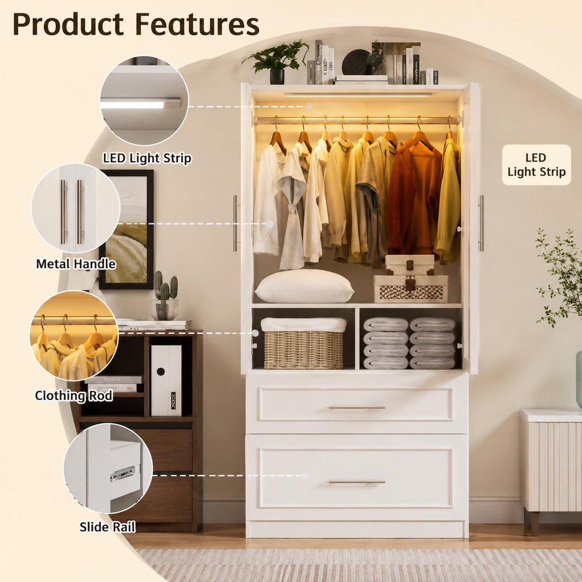 White Armoire Wardrobe Closet, Glass Door, LED Lighting, Bedroom Storage Cabinet