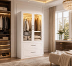 White Armoire Wardrobe Closet, Glass Door, LED Lighting, Bedroom Storage Cabinet