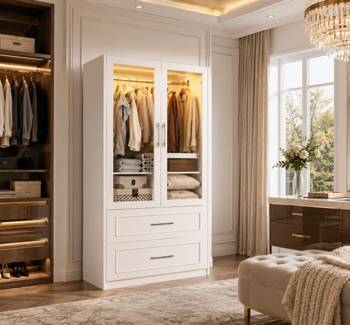 White Armoire Wardrobe Closet, Glass Door, LED Lighting, Bedroom Storage Cabinet