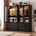 White Armoire Wardrobe Closet, Glass Door, LED Lighting, Bedroom Storage Cabinet