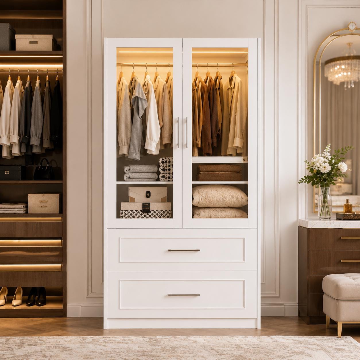 White Armoire Wardrobe Closet, Glass Door, LED Lighting, Bedroom Storage Cabinet