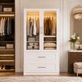 White Armoire Wardrobe Closet, Glass Door, LED Lighting, Bedroom Storage Cabinet