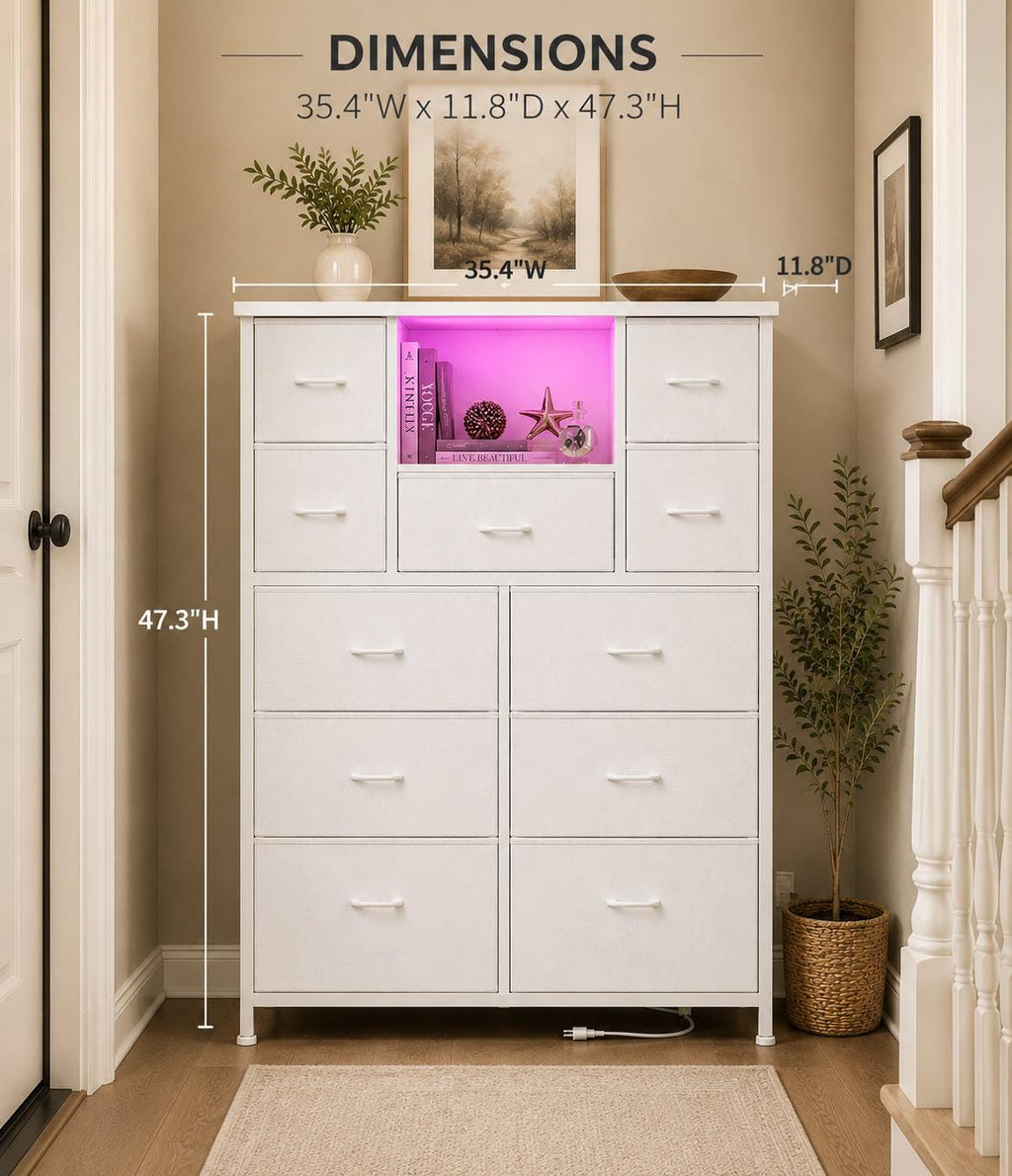 13-Drawer Fabric Dresser with LED Lights and Charging Ports, Open Storage Shelves