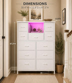 13-Drawer Fabric Dresser with LED Lights and Charging Ports, Open Storage Shelves