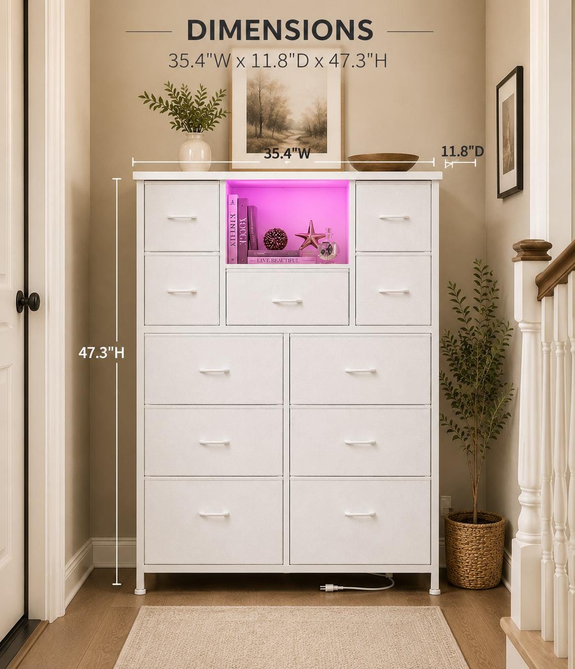 13-Drawer Fabric Dresser with LED Lights and Charging Ports, Open Storage Shelves