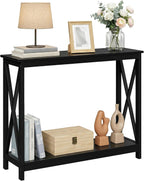 2-Tier X Design Console Table, Farmhouse Entryway Sofa Table, Espresso Accent Shelf