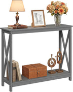 2-Tier X Design Console Table, Farmhouse Entryway Sofa Table, Espresso Accent Shelf