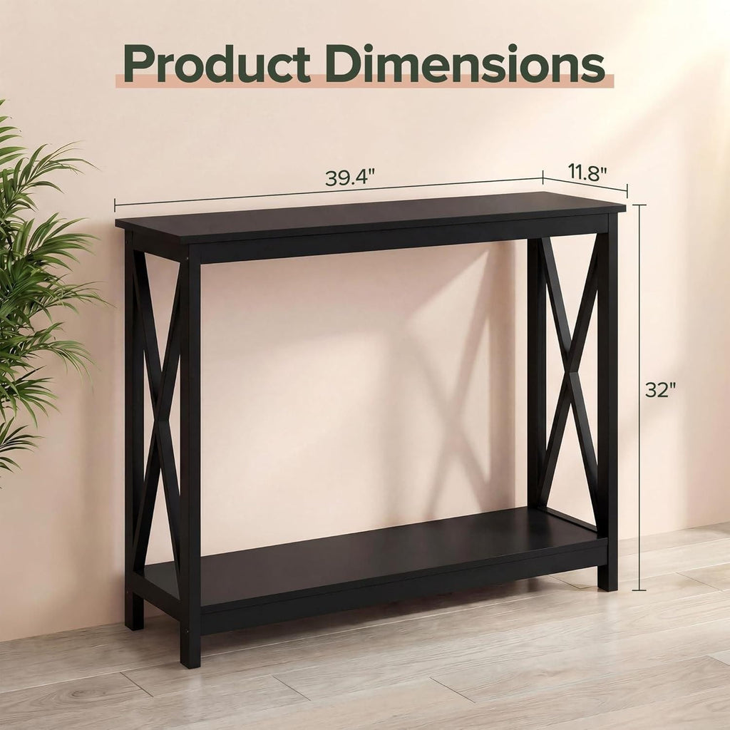 2-Tier X Design Console Table, Farmhouse Entryway Sofa Table, Espresso Accent Shelf