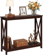 2-Tier X Design Console Table, Farmhouse Entryway Sofa Table, Espresso Accent Shelf