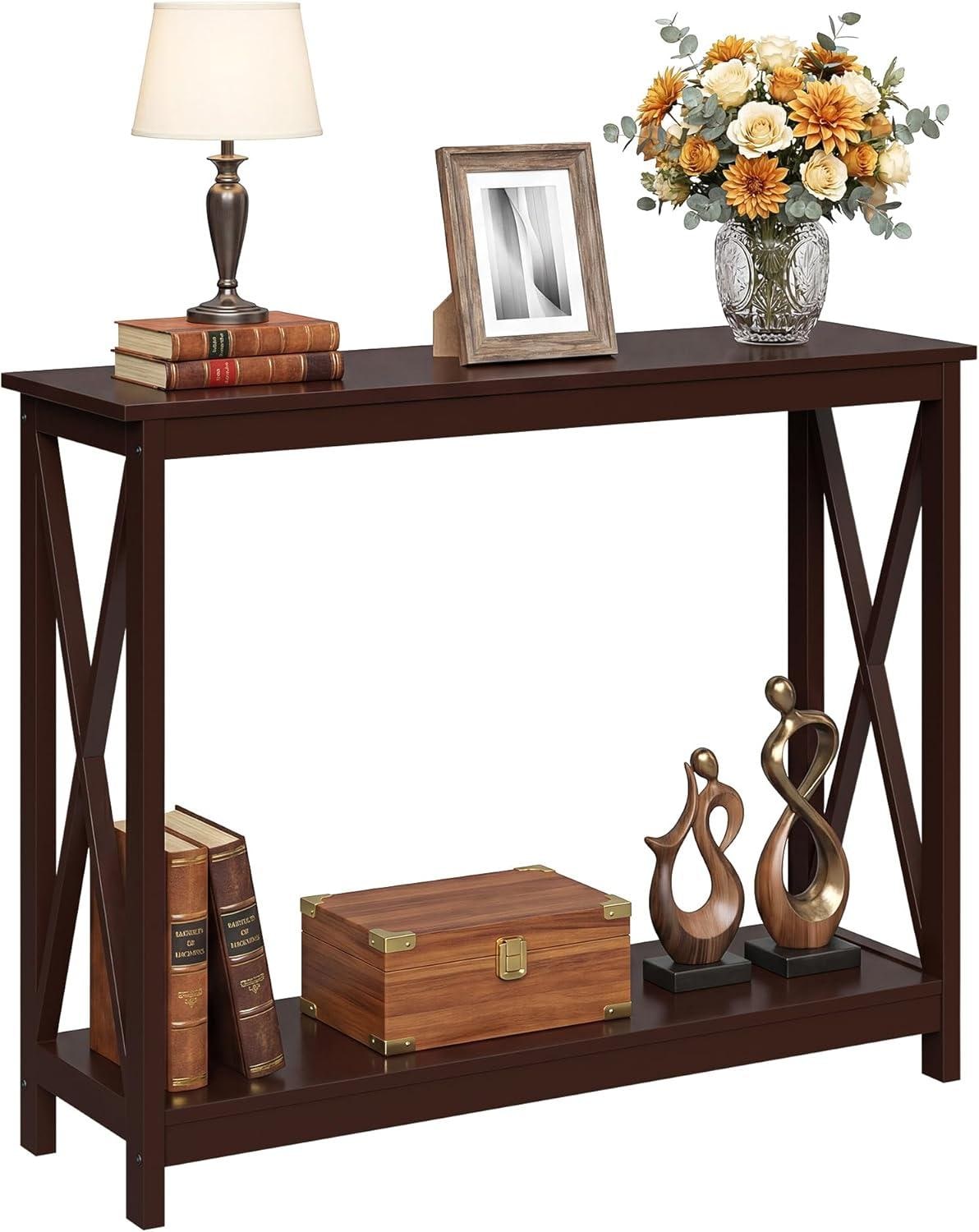 2-Tier X Design Console Table, Farmhouse Entryway Sofa Table, Espresso Accent Shelf