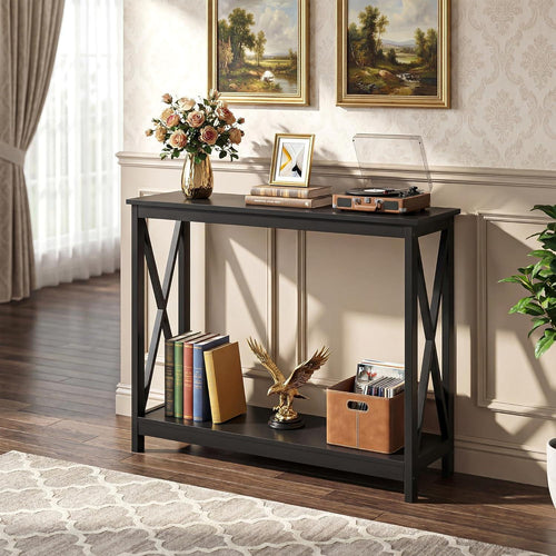 2-Tier X Design Console Table, Farmhouse Entryway Sofa Table, Espresso Accent Shelf
