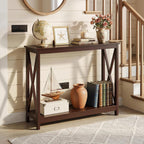 2-Tier X Design Console Table, Farmhouse Entryway Sofa Table, Espresso Accent Shelf