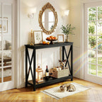 2-Tier X Design Console Table, Farmhouse Entryway Sofa Table, Espresso Accent Shelf