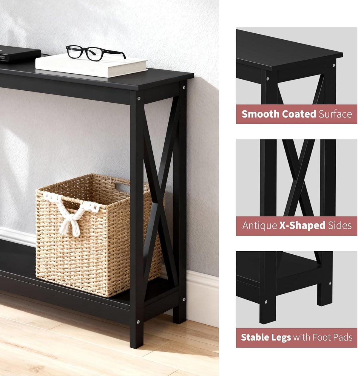 Narrow 2-Tier Console Table, X-Frame Entryway Sofa Table, Farmhouse Wood Shelves
