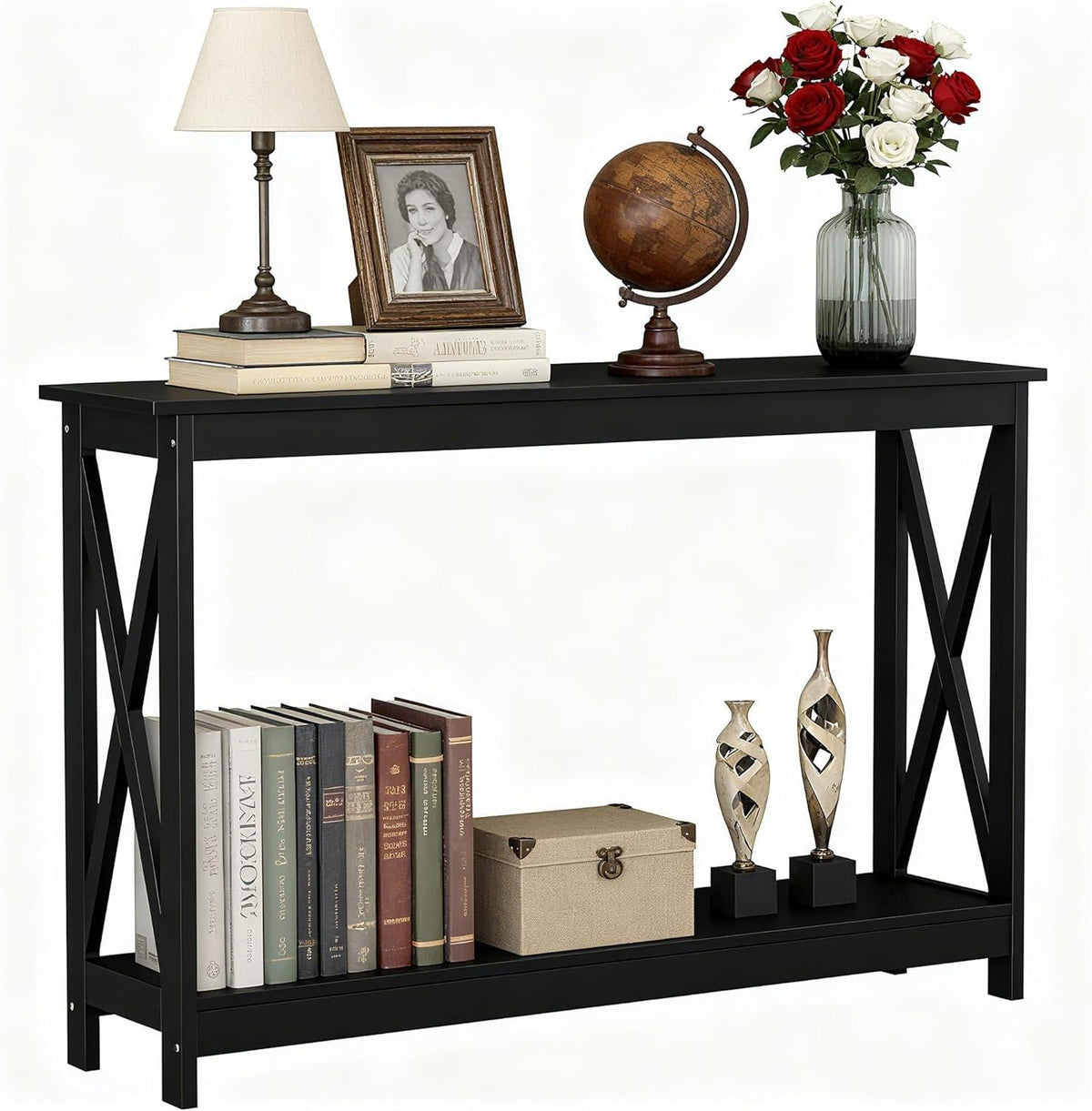Narrow 2-Tier Console Table, X-Frame Entryway Sofa Table, Farmhouse Wood Shelves