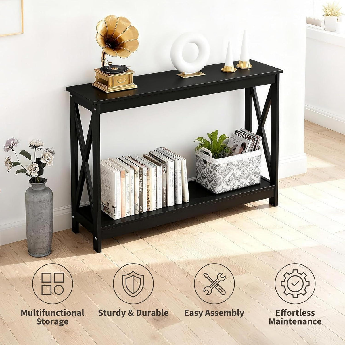 Narrow 2-Tier Console Table, X-Frame Entryway Sofa Table, Farmhouse Wood Shelves