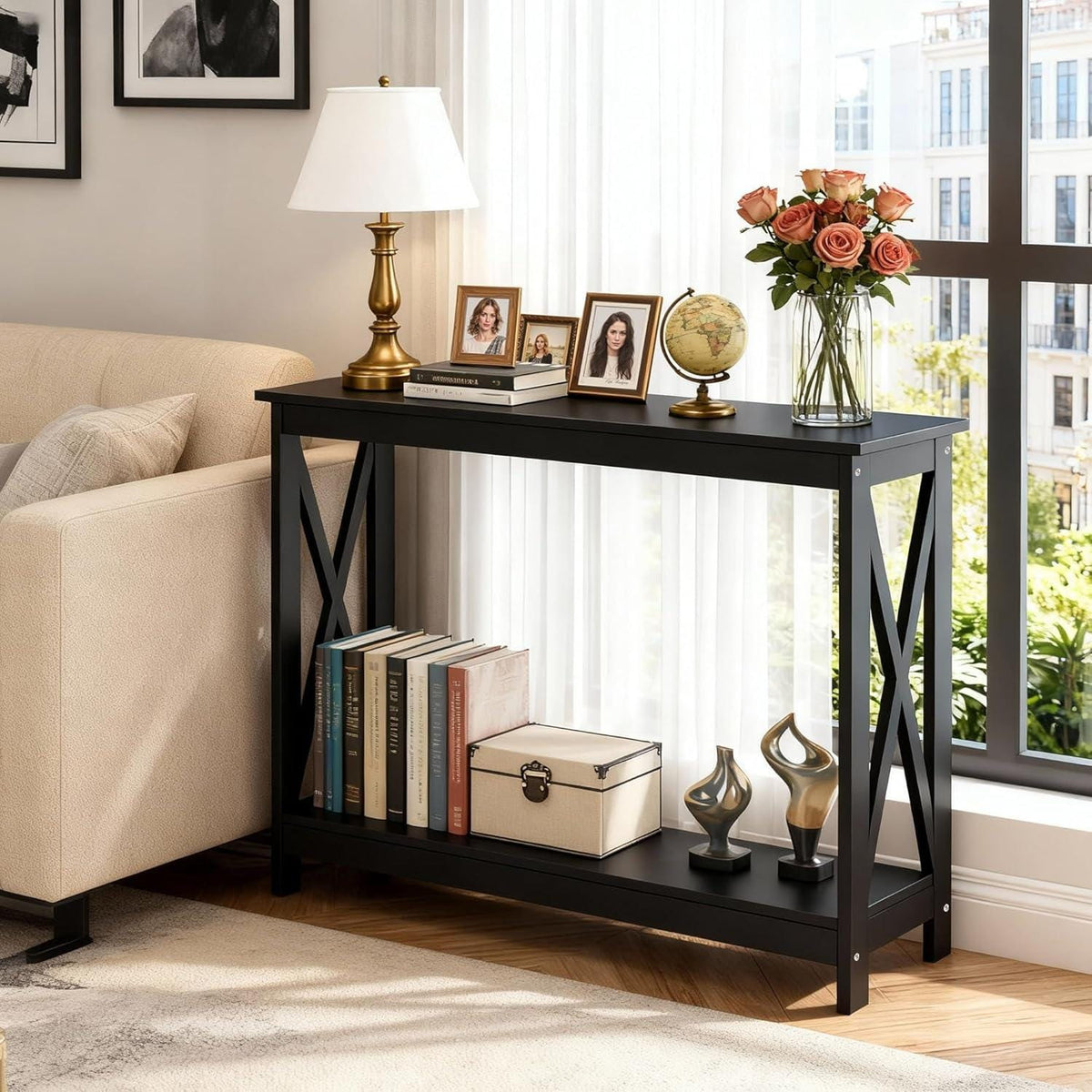 Narrow 2-Tier Console Table, X-Frame Entryway Sofa Table, Farmhouse Wood Shelves