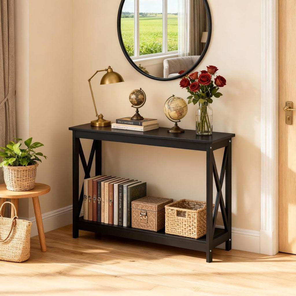 Narrow 2-Tier Console Table, X-Frame Entryway Sofa Table, Farmhouse Wood Shelves