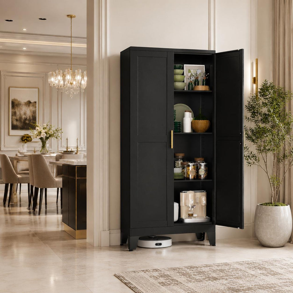 GAIOUS Black Metal Storage Cabinet with 2 Doors & 3 Adjustable Shelves – Heavy Duty Kitchen Pantry, Utility Storage Cupboard for Laundry