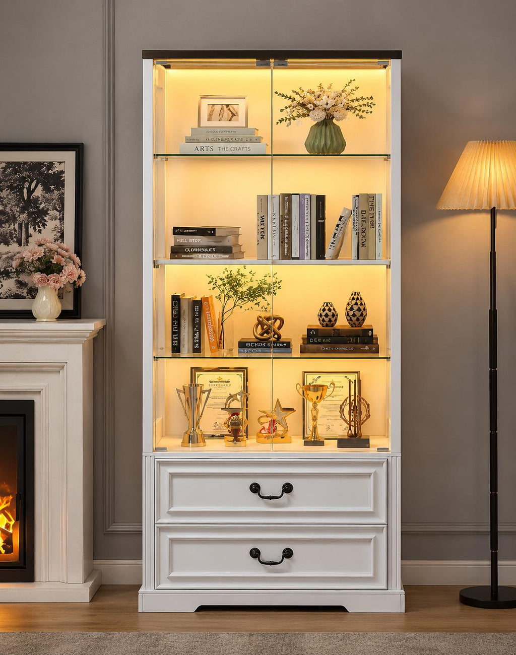 Tall Display Cabinet with Glass Doors, Drawers, Smart Sensor Lighting