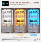 Tall Display Cabinet with Glass Doors, Drawers, Smart Sensor Lighting