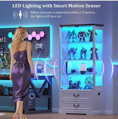 Tall Display Cabinet with Glass Doors, Drawers, Smart Sensor Lighting